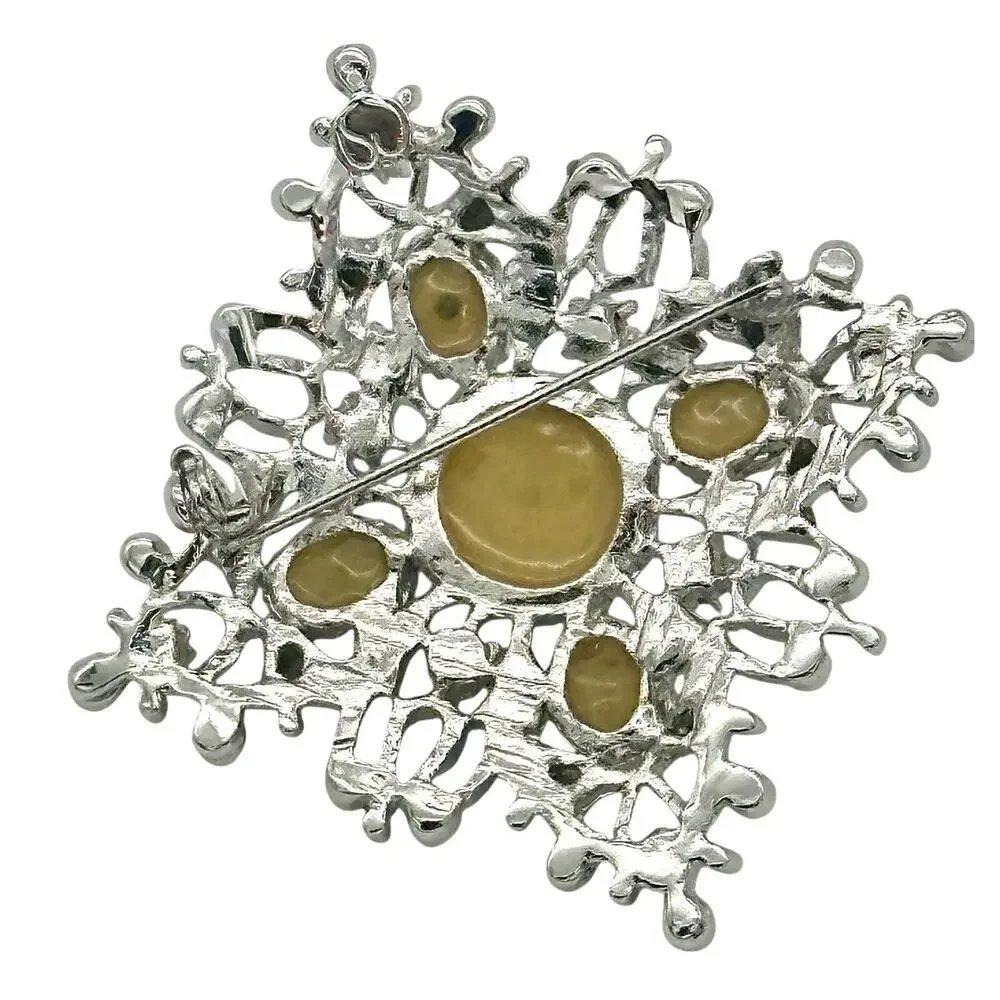 St John Faux Pearl and Rhinestones Silver Tone Brooch Pin Signed Vintage